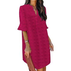 Womens Rose 100% Polyester V-Neck Loose Fit Short Sleeve Knee Length Shift Dress